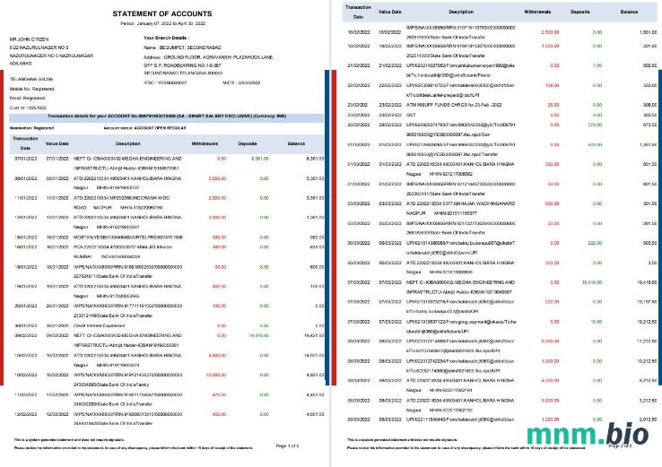Szablon wyciągu bankowego India HDFC, format Word i PDF